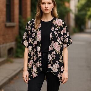 Angie‎ Womens Black Floral Pattern Open Front Flowy Oversized Rayon Kimono Small